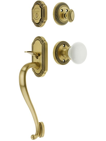 Newport Entry Lock Set in Antique Brass Finish with Hyde Park Knob and